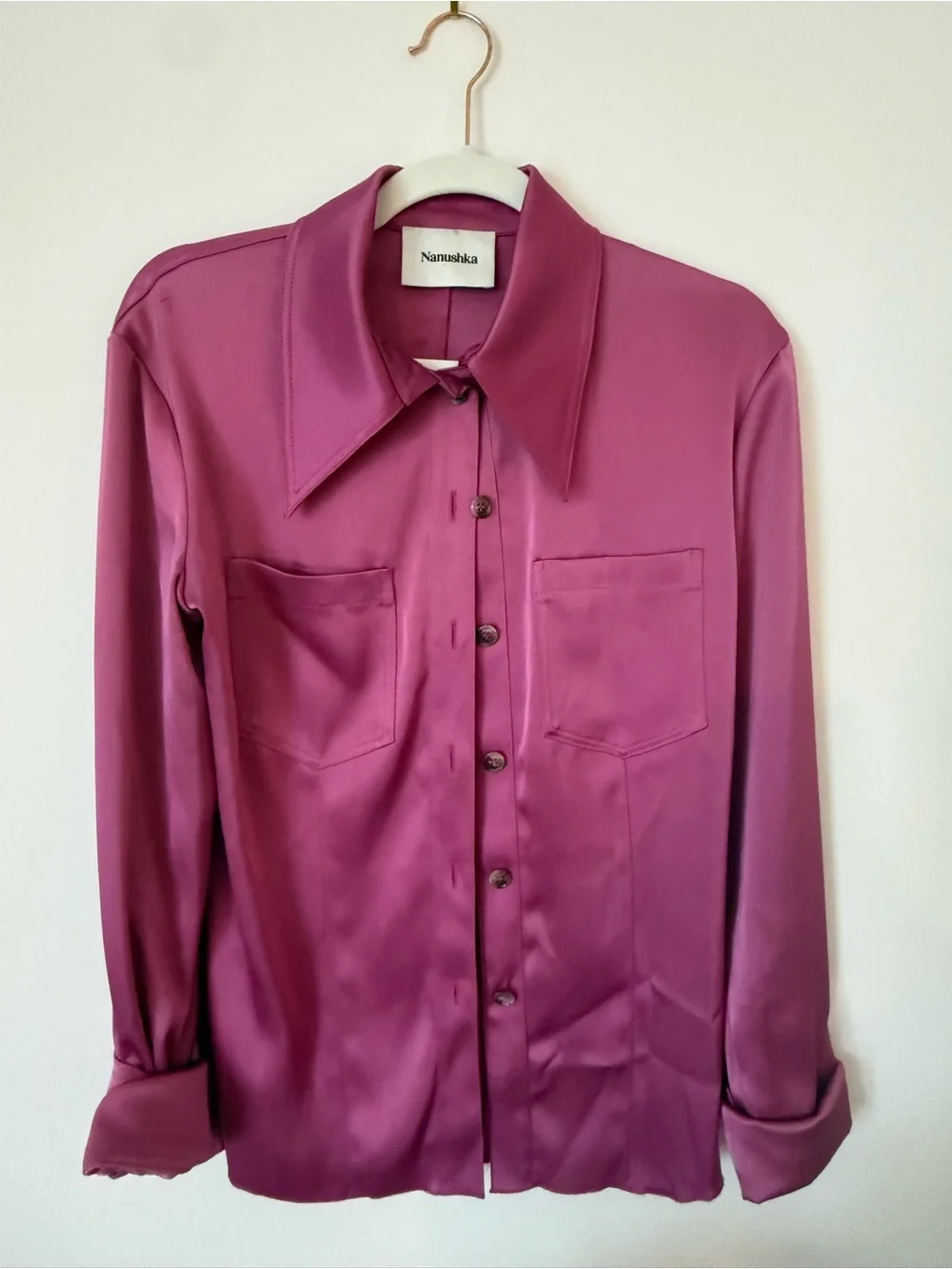 Nanushka Silk-Blend Button Front Shirt in Deep Pink - Picture 1 of 1